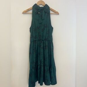✅Maurices size small Dark Green Floral flowers halter high neck tie silky Dress